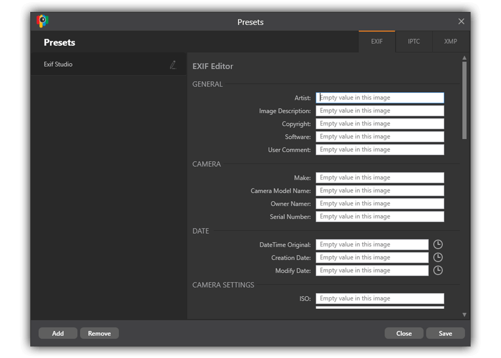 Exif studio supports presets